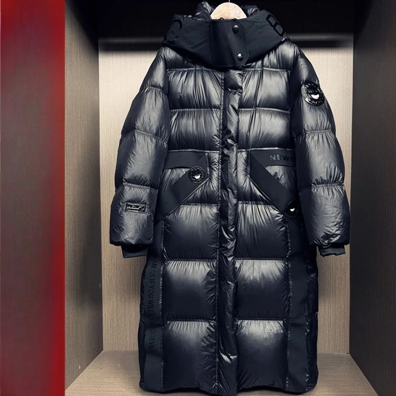 الشتاء الأسود مقنعين أسفل سترة المرأة منتصف طول الأبيض بطة أسفل معطف دافئ سميكة يندبروف خندق معطف طويل الأكمام سترة الثلوج #1