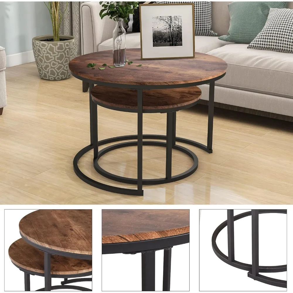 Coffee Table Set of 2 End Table for Living Room,Stacking Side Tables, Sturdy and Easy Assembly,Wood Furniture with Metal Frame