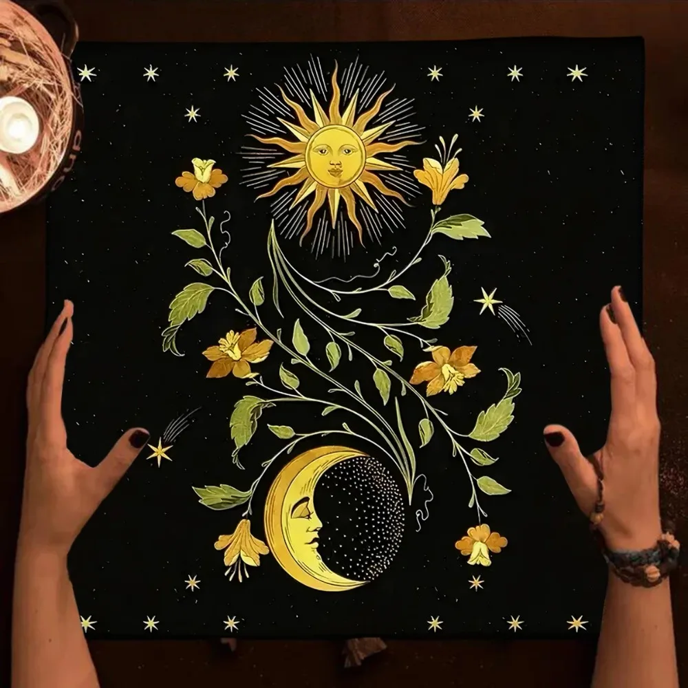 Mantel de Tarot de sol y luna, tela de Altar, cielo estrellado místico, tela de adivinación de plantas y florales vibrantes para lectura de Tarot, estera de Tarot