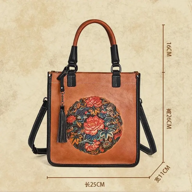 Retro Embossed Handbags For Women Handbag Genuine Leather Large Capacity Ladies Shoulder Bags Handmade Chinses Crossbody Bag