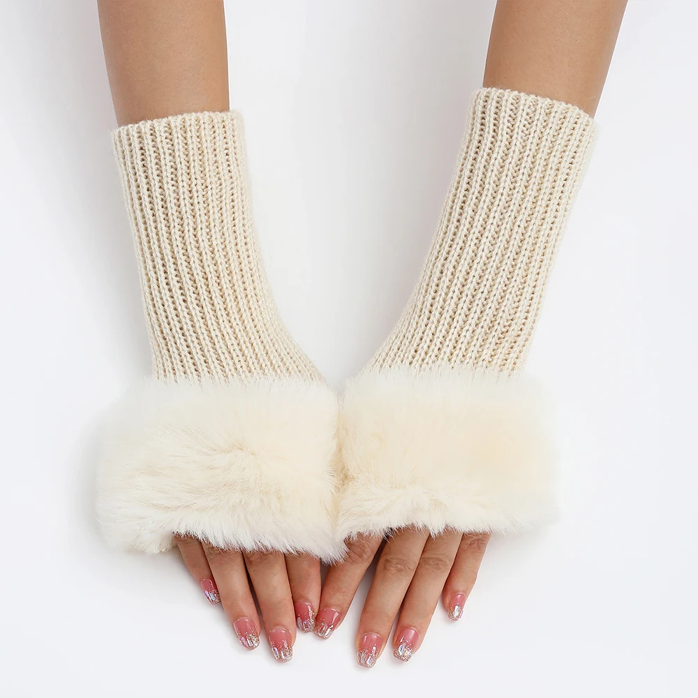 Winter Solid Color Faux Fur Gloves Arm Sleeve Cover Hand Warmer Lady Knitting Fingerless Wrist Gloves Half Finger Gloves Mittens