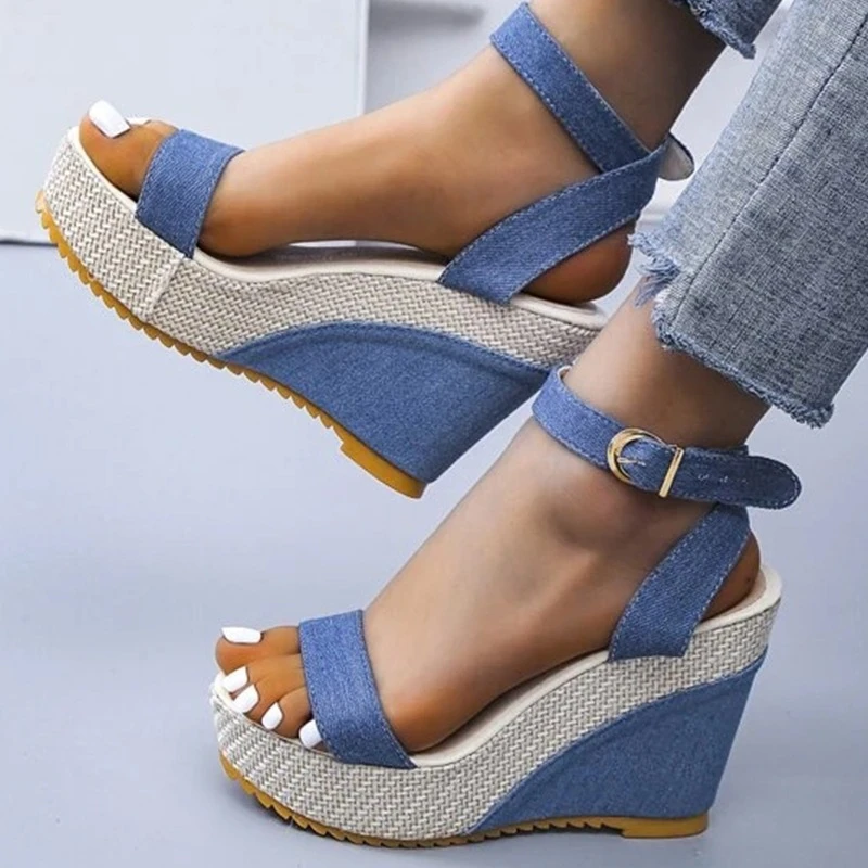 New Buckle Decor Denim Ankle Strap Wedge Sandals Summer Outdoor platform Slides 2023 Thick Bottom Ladies Shoes Female Sandals