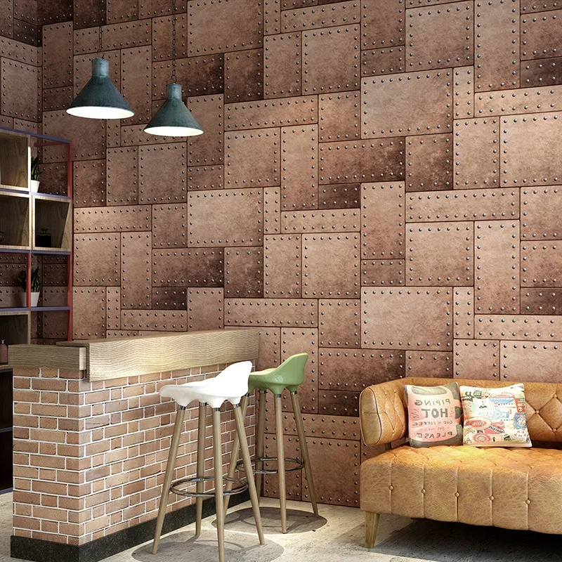 Industrial wind wallpaper nostalgic and old iron art personalized fashion 3D three-dimensional Restaurant Bar clothing store