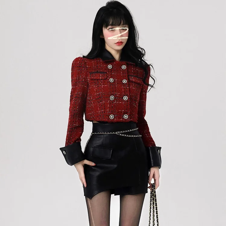 Temperament 2 Piece Sets Women Outfits Double High Quality Breasted Jackets High Waist Mini PU Skirt Suit Fashion Korean Set