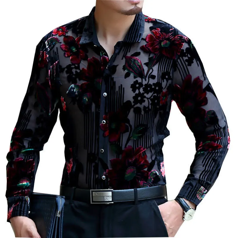 Frolal Velvet Wedding Marriage 2019 Chemise Homme 4xl Lace Shirt Club Party Prom Sexy Male Shirt Luxury Men Transparent Shirt