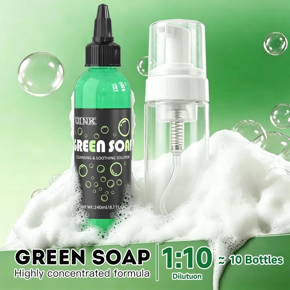 DQFART UINK Green Soap Tattoo Cleaning Products 240ml/8.115fl.oz Mousse Bottle Safe Professional Artists Supplies Designs