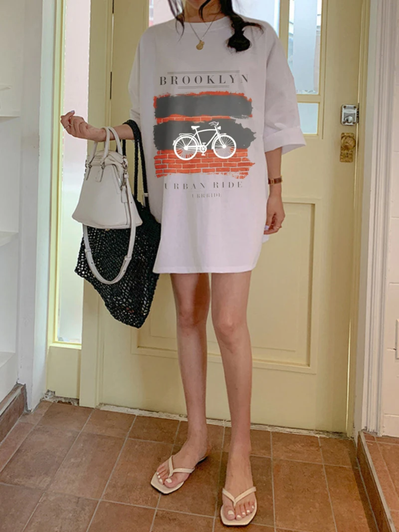 

Женский свободный хлопковый топ с короткими рукавами и принтом Brooklyn City Cycling, подходит для весенних и летних стилей