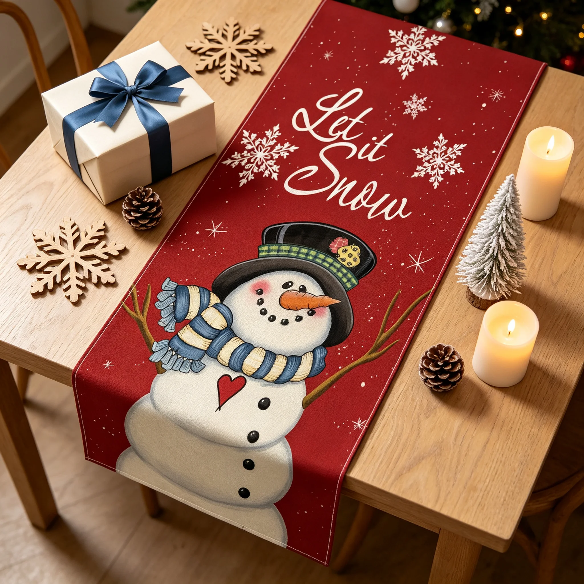 Red Let It Snow Snowman Table Runner Christmas Winter Dining Table Runner Holiday Party Home Tabletop Decoration