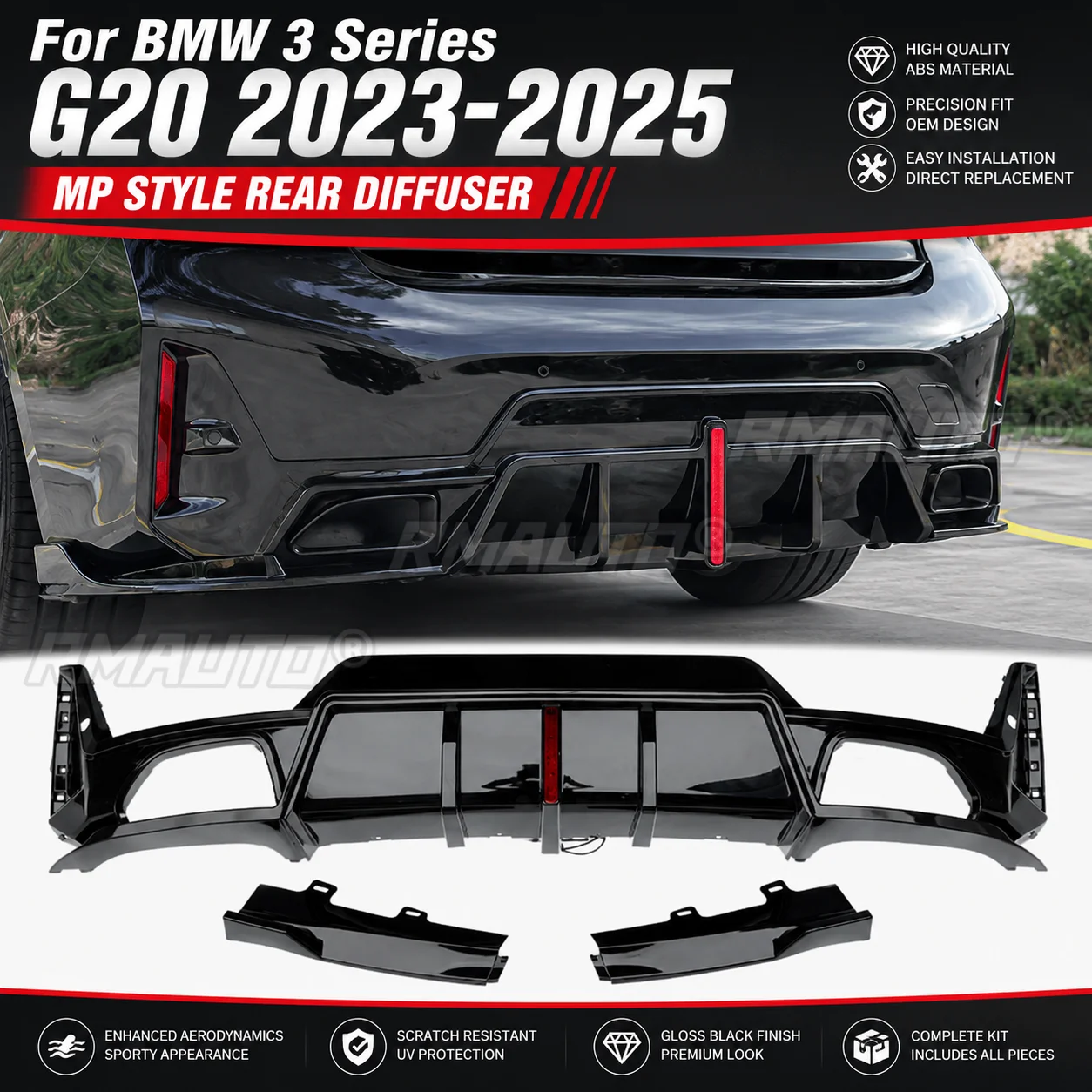 MP Style Rear Diffuser Rear Lip With LED Light Corner Extensions For BMW 3 Series G20 2023-2025 Car Accessories