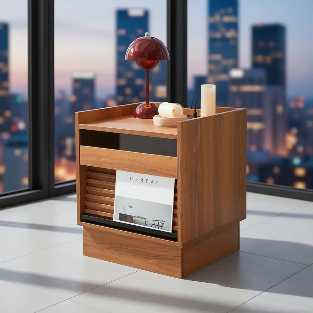 Modern nachtkastje uit het midden van de eeuw met laadstation en 2 lades, houten nachtkastje voor slaapkamer of woonkamer