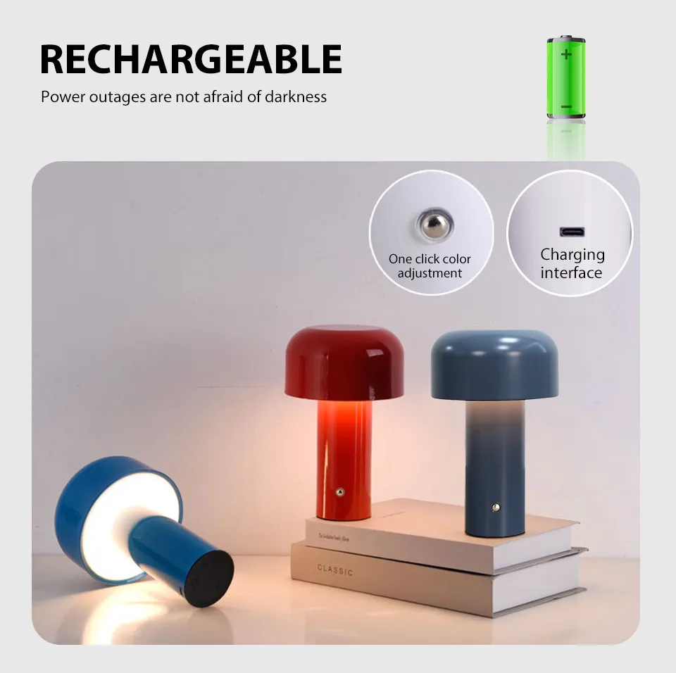 

Rechargeable Mushroom Table Lamp Cordless LED Night Light Touch Dimmable Bedside Desk Lamp for Bedroom Living Room Home Decor