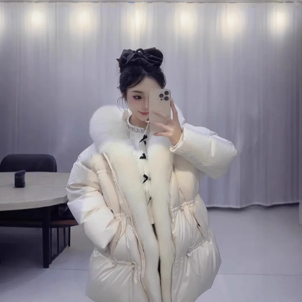 Weiße Gans Unten Mantel Frauen Verdickte Daunen Jacke High-End-Winter Echte Natürliche Fuchs Pelz Kragen Warme Lose Kurze Puffer Jacke
