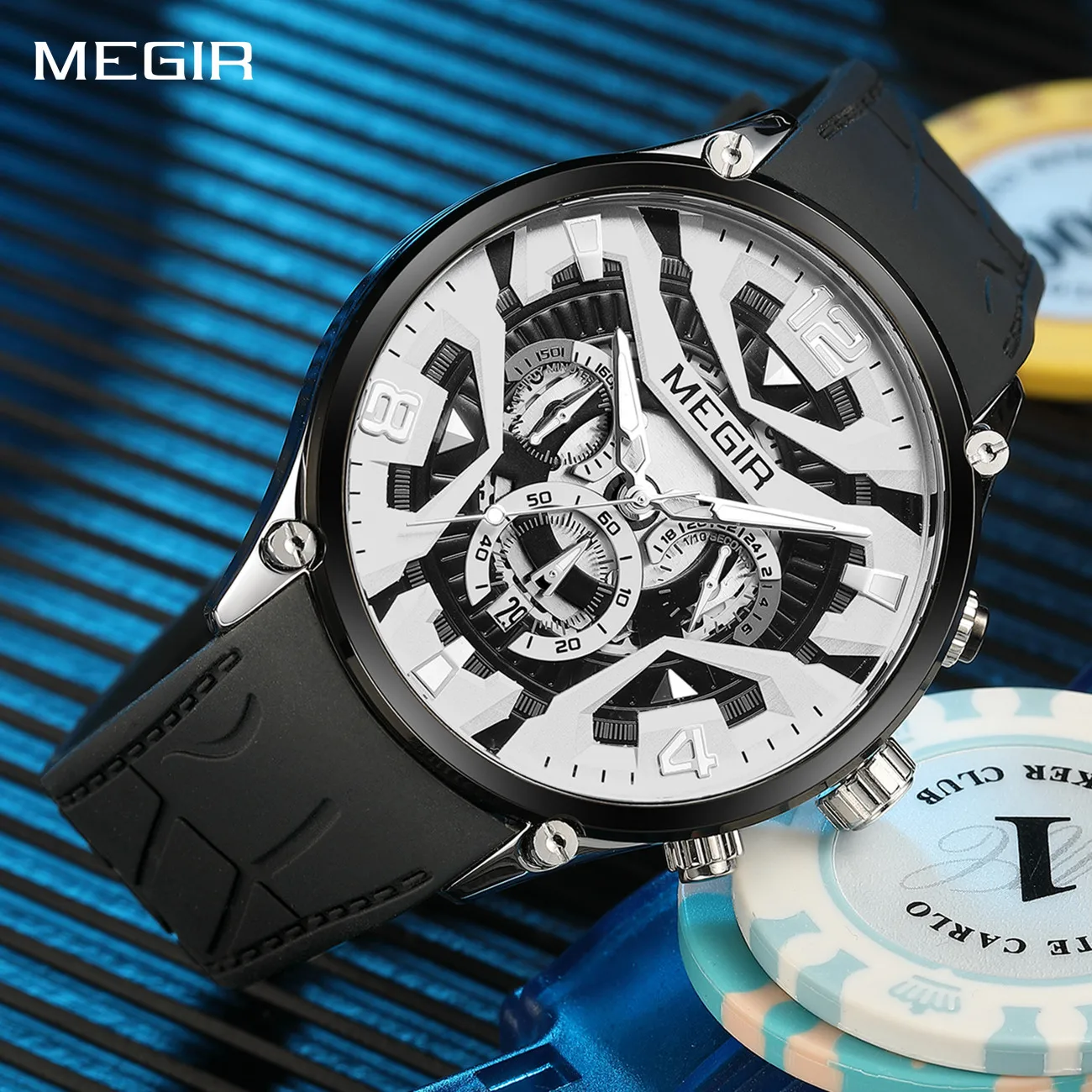 MEGIR Men's Chronograph Quartz Watch 46MM Large Dial Silicone Strap 3ATM Waterproof Sport Wristwatch with Calendar for Male