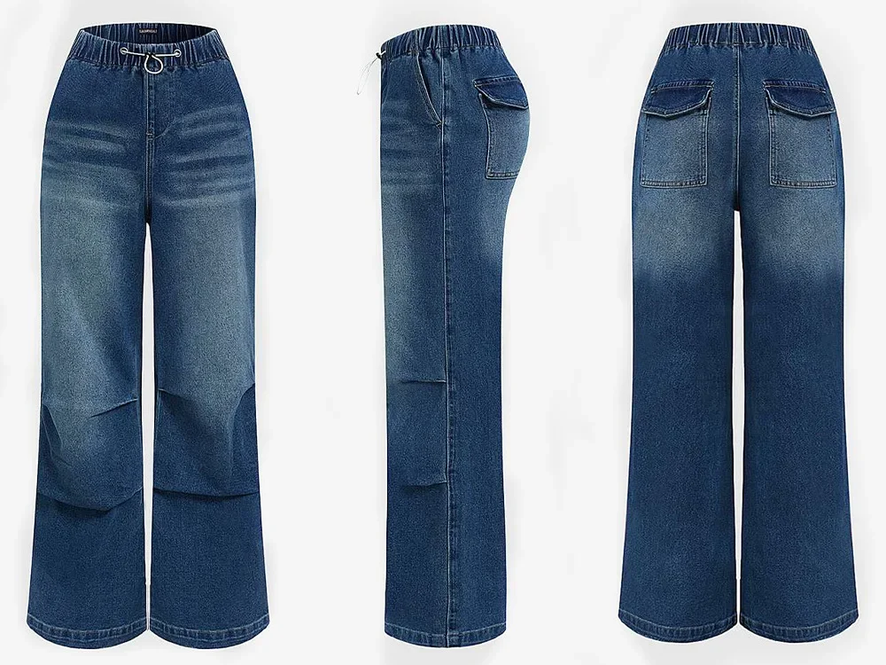 Jeans Women Straight Pants Elastic Waist Vintage Washed Distressed Pockets Denim Mom Loose Trousers 2025 Streetwear Floor Length