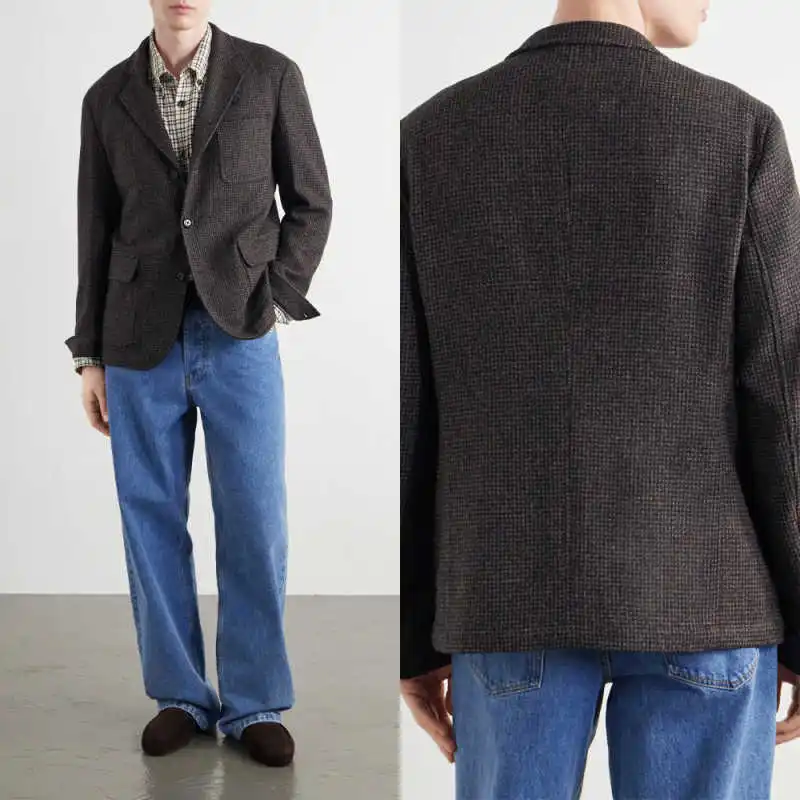Classic Dark Check Tweed Blazer Notched Lapel Single‑Breasted Patch Pockets For Semi‑Formal Occasion Holiday Trip Customized