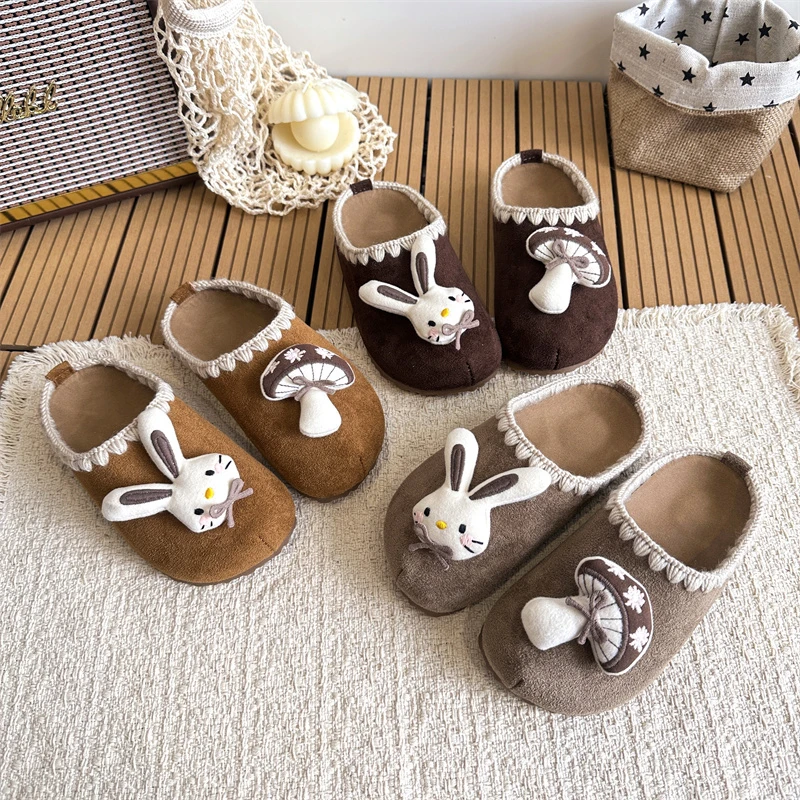 Kids Girls Cute Rabbit & Mushroom Mule Slippers Crochet Trim Suede Upper Non-slip Flat Sole for Indoor Home & Casual Daily Wear