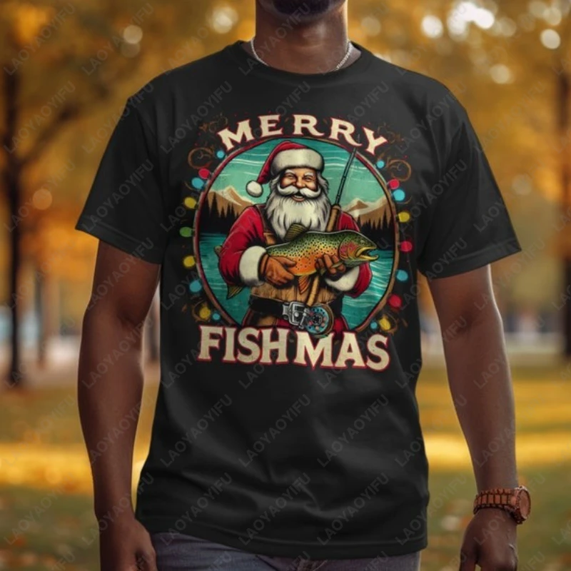 Merry Fishmas Santa Fishing Christmas Tshirt Vintage Classic Fashion Streetwear Camisetas Men Women Cotton Trending Hipster Tees