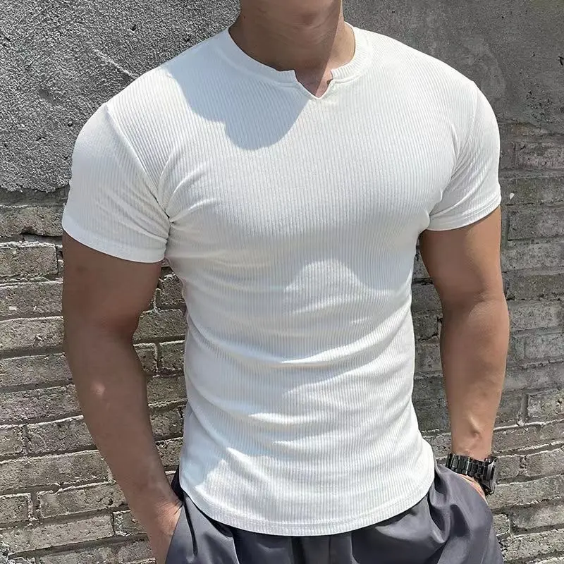Herren Sommer Schnelltrocknende Enganliegende Kurzarm-T-Shirts Einfarbig Gestreift Henry-Kragen Fitness-Tees Sportliche Knitterfreie T-Shirts