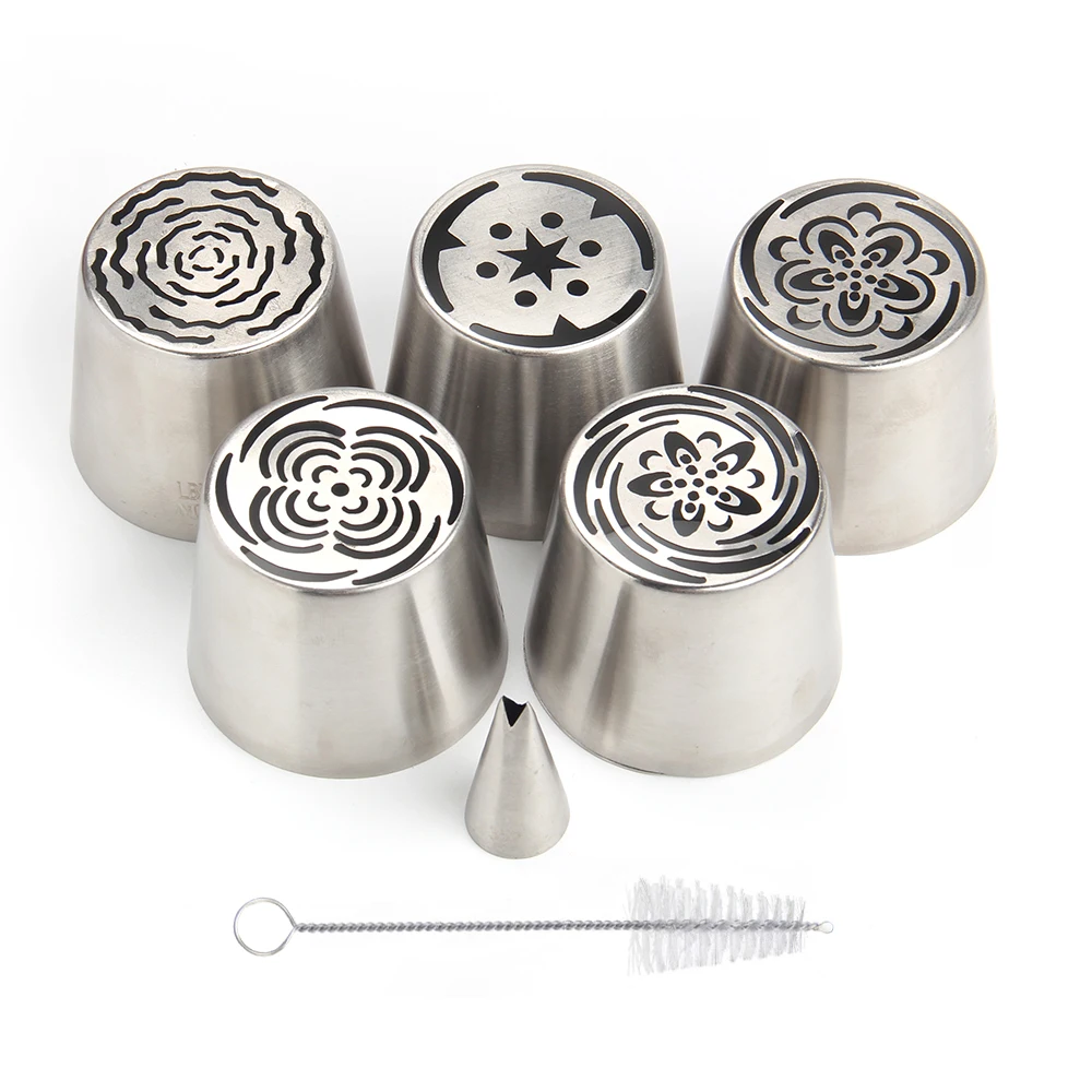 

Free Shipping New Arrivals 5 PCS Stainless Steel XL Russian Icing Nozzles Set with Brush Pastry Baking Tips Tools Kit HBLBNOSET7