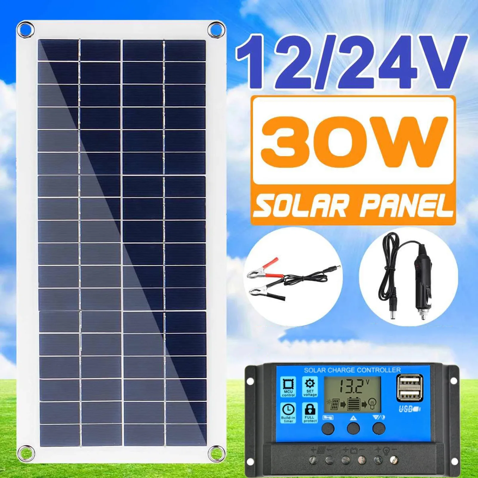 10W 30W 100W Solar Panel 10A 20A 30A 40A 50A 60A 100A Controller Solar Panel  for Phone RV Car MP3 PAD Charger Outdoor Battery