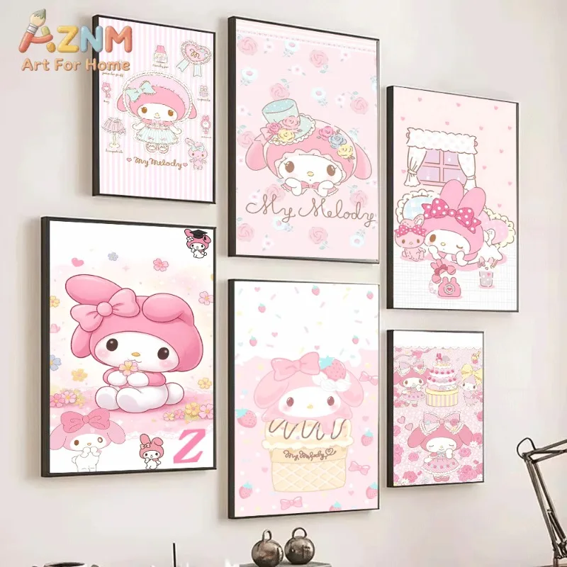 Sanrio My Melody Pink Series Canvas Wall Art No Frame Cute Bunny Cartoon Poster Multi-Design Collection Girls Bedroom Home Decor