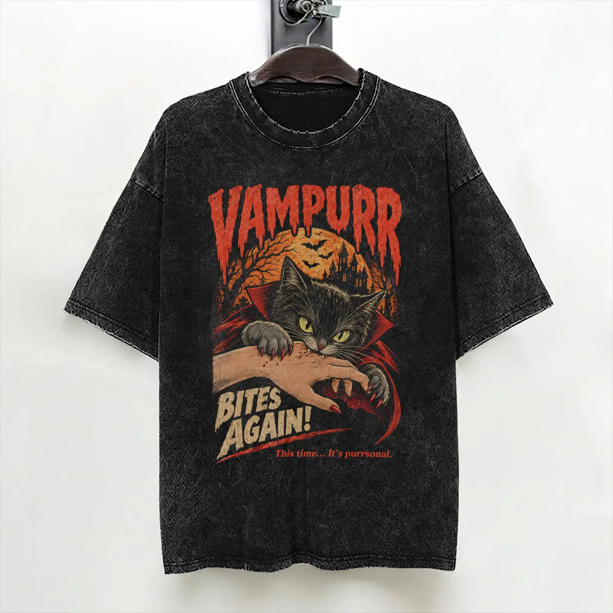 Vampurr Bites Again Halloween Vampire Cat Washed T Shirts Streetwear  T-Shirt Tees for Men Women 100% Cotton Harajuku Summer