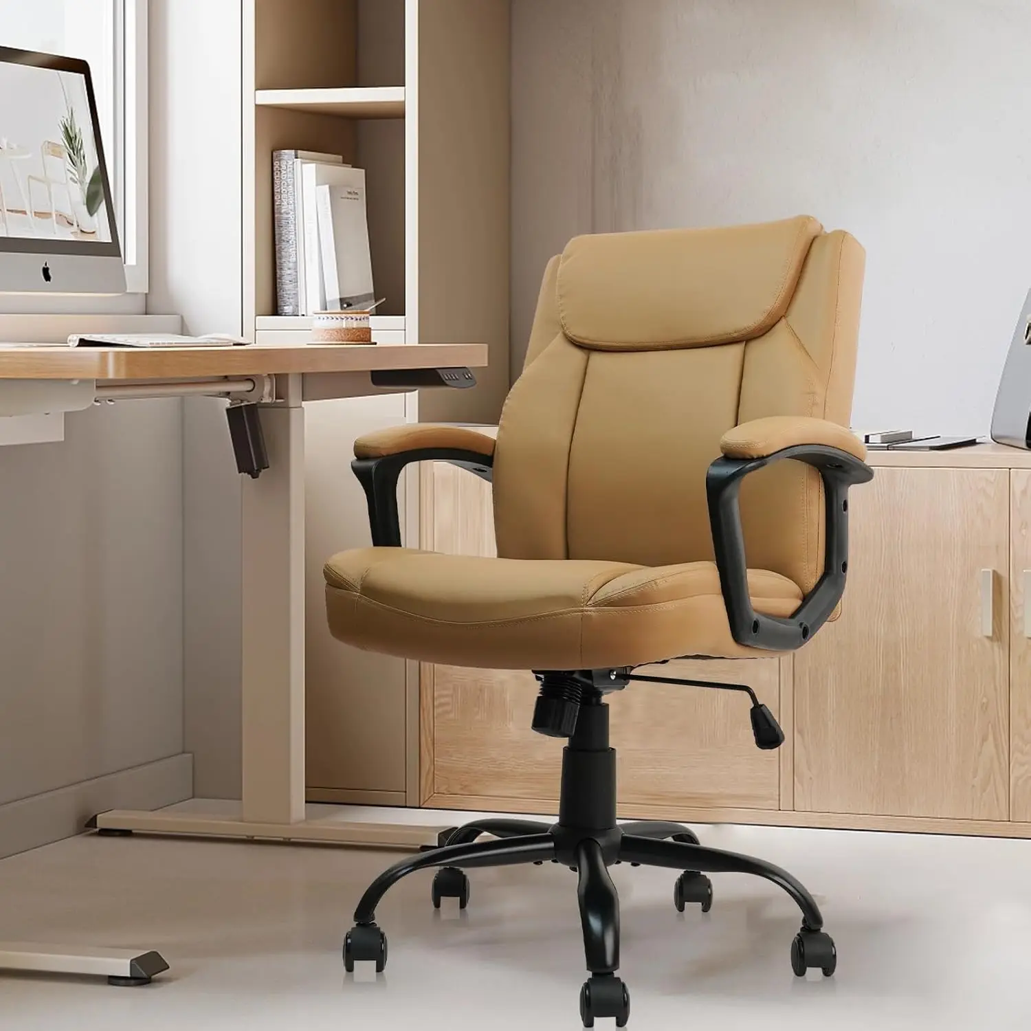 

Brown Office Computer Chair PU Leather Executive Office Swivel Adjustable Height with Upholstery Fixed