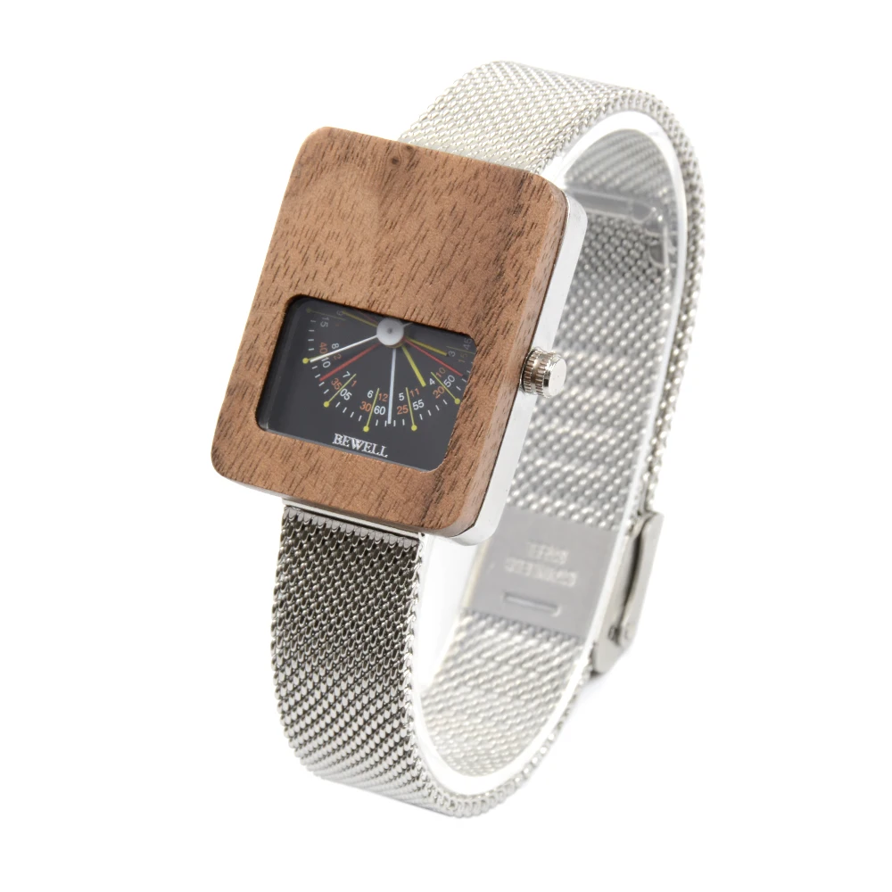 Square Watch for Ladies with Quartz Stainless Steel Wood Numberless Dial High Sealing Waterproof Classic