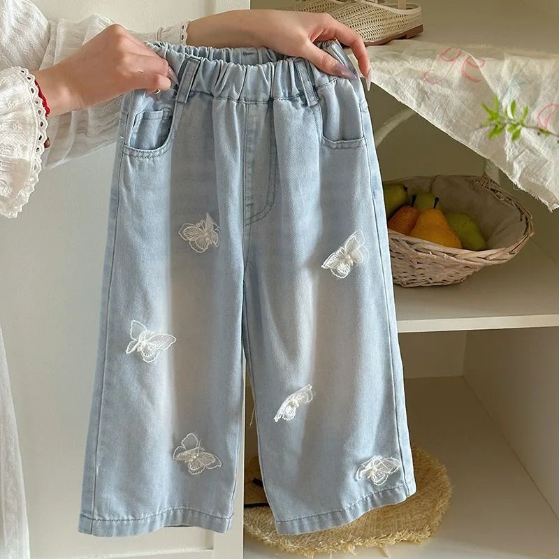 

Spring and Autumn baby girl sweet and cute butterfly loose denim pants,little princess long pants