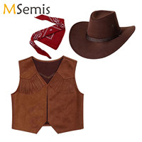 Kids Western Cowboy Costume Suede Leather Fringe Vest with Bandanna Felt Hat Halloween Wild West Cowgirl Cosplay Party Dress Up