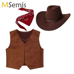 Kids Western Cowboy Costume Suede Leather Fringe Vest with Bandanna Felt Hat Halloween Wild West Cowgirl Cosplay Party Dress Up