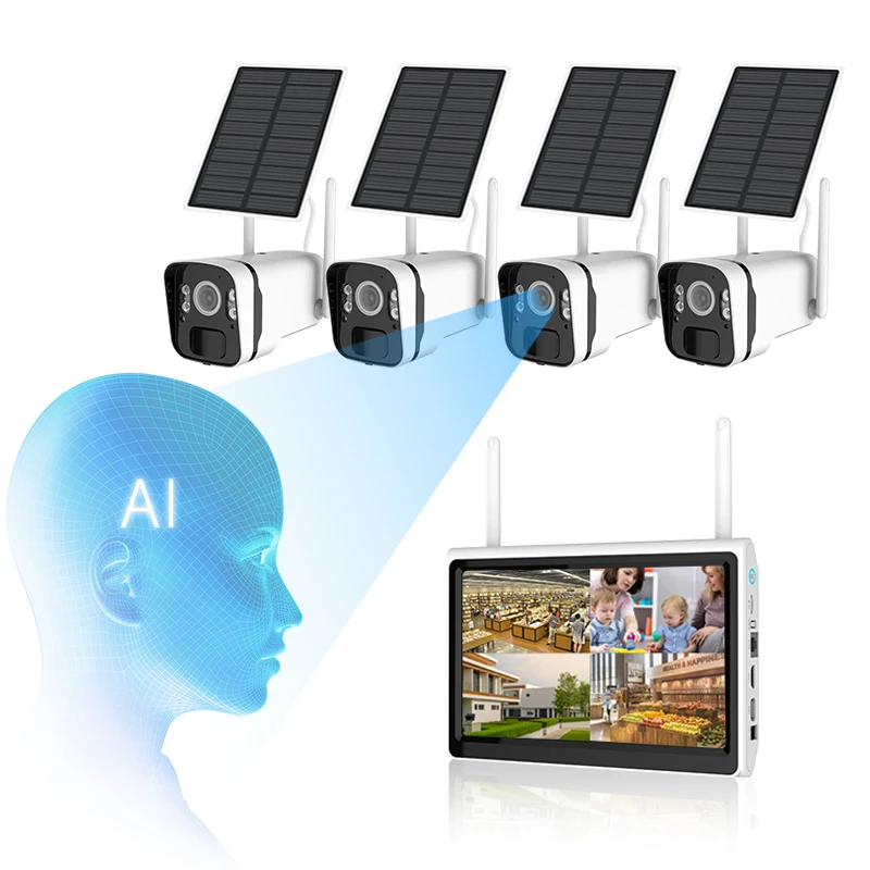 4MP Battery Solar Power Two Way Audio Camera Wifi NVR System 4CH Solar Lcd Monitor Cctv Kit Wireless security Cameracustom