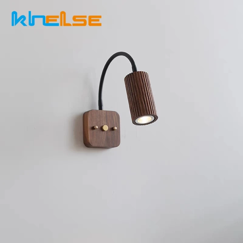 

Walnut Wood Flexible Hose LED Wall Lamp E27 Adjustable Angle Bedroom Bedside Reading Study Light Hotel Headboard Sconce Light