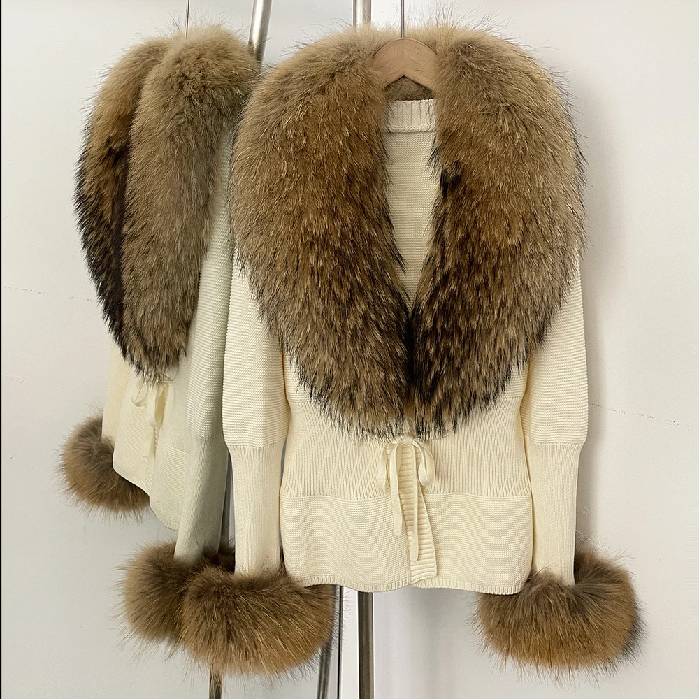 Knitted Fur Coat Reality Fur Coat Lace Sweater Lady Parka with Natural Fur Real Fur Detachable Patchwork Cardigan for Women