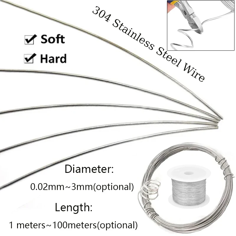 Alambre de acero inoxidable suave/duro, hilo de 0,02 M-1m de longitud, 304mm-3mm de diámetro, seda brillante redonda