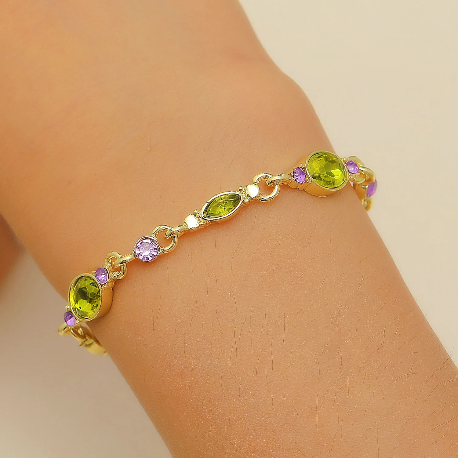 

Golden Bracelet Green Crystal Oval Stones Purple Gemstones Elegant Women's Jewelry Gift Chic Daily Wear Trendy Handmade Design
