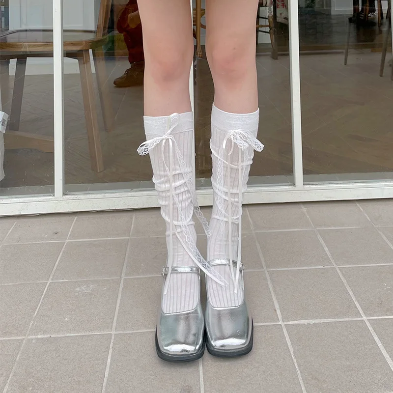 

1 пара кружевных носков с двойным бантом и широкой полосой для девочек, летние легкие хлопковые носки до середины икры для школьниц, весна-лето