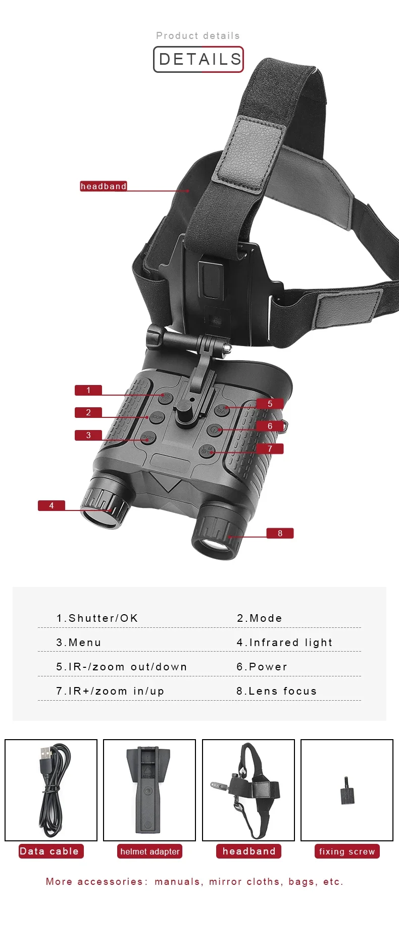 New Night Vision Device NV8160 Head-mounted Tactical Helmet Binocular Digital HD Infrared 1080P Night Vision Device for Hunting