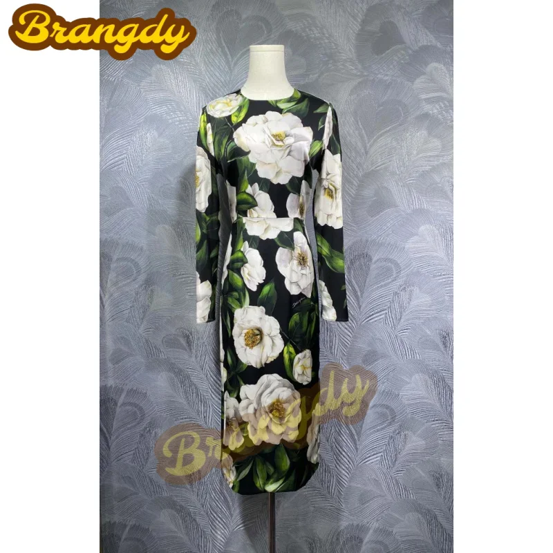 

Brangdy Luxury 2025 Spring New round Neck Silk Printed Long Sleeve Dress