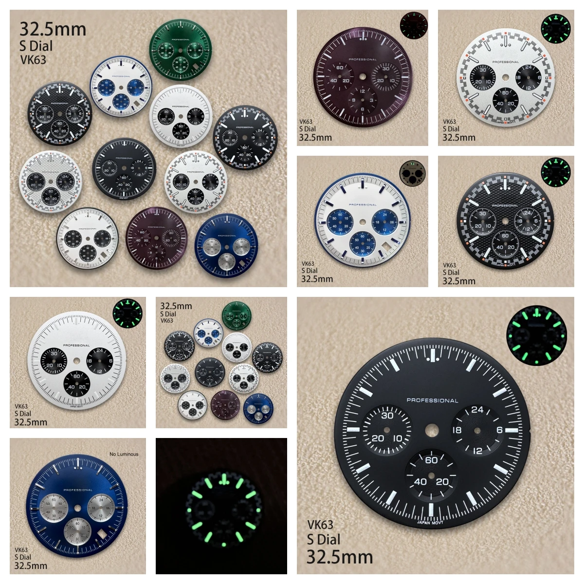 

32.5mm S Logo Speed Black Dial Fit VK63 Quartz Movement Green Luminous Maate Black/Blue/Purple Watch Modification Accessories