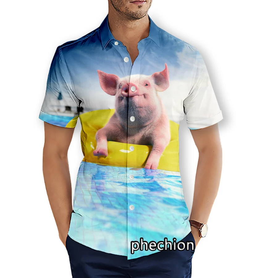 

phechion Summer Mens Short Sleeve Beach Shirts Pig 3D Printed Casual Shirts Fashion Streetwear Men Tops X92