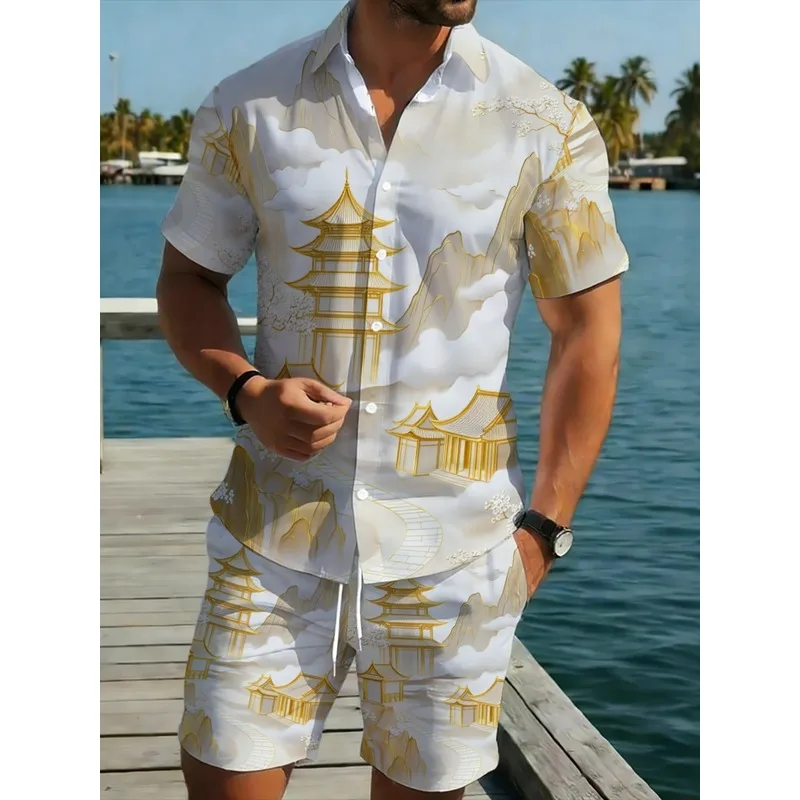 Men Quick Dry Casual Shirt Shorts Set with Blue Hot Air Balloon Print Lightweight Beach Outfit