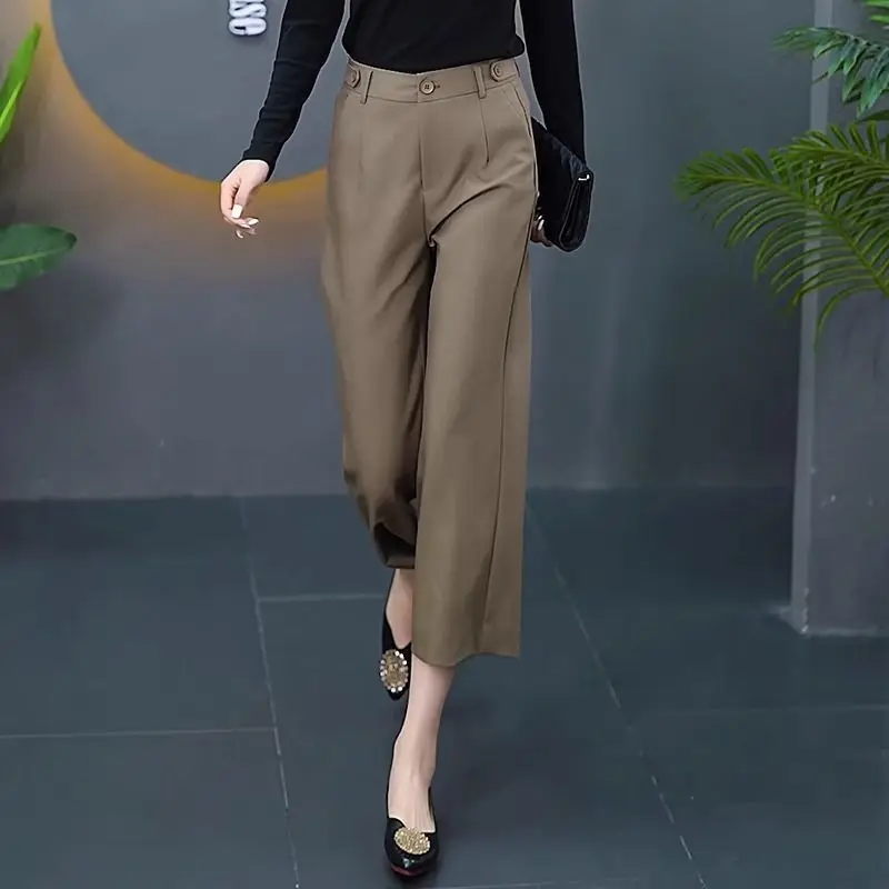 

New Women Summer Fashion Minimalist High Waist Wide Leg Suit Pants Office Lady Business Casual Elegant Straight Cropped Trousers