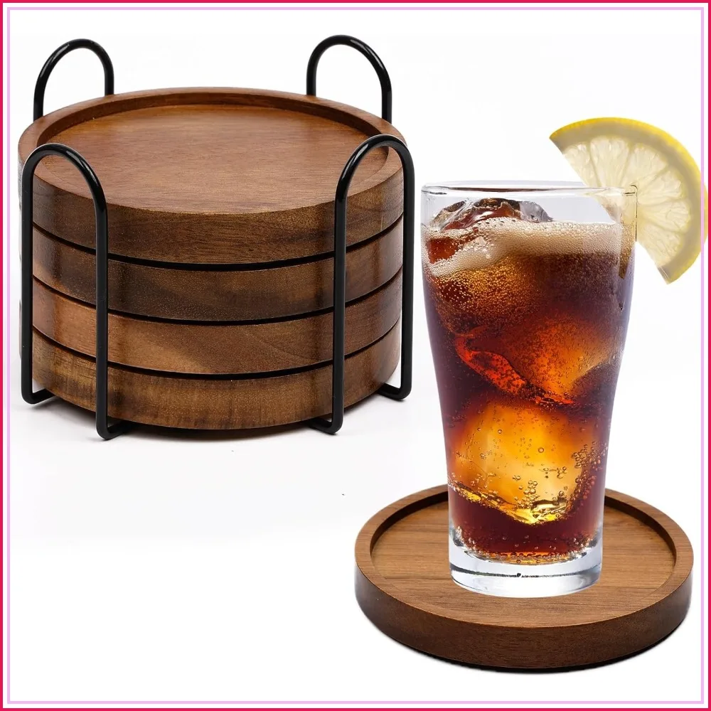 4-Pack Absorbent Wood Coasters with Holder for Coffee Table, Farmhouse, Office, Bar