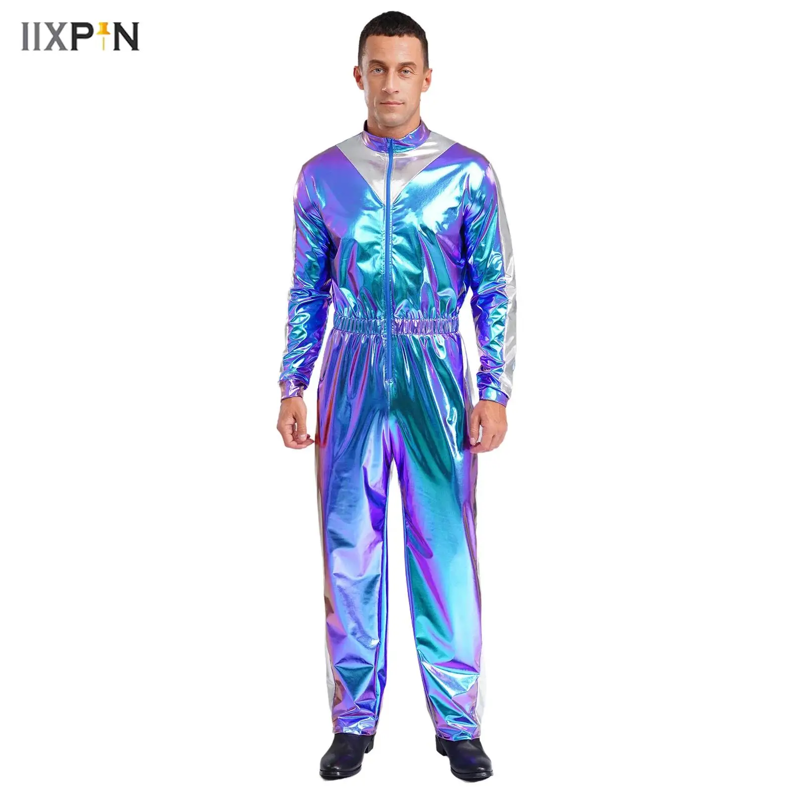 بدلة قفز رجالية لامعة لامعة بأكمام طويلة وخصر مرن وكتلة ألوان بذلة طويلة ملابس كاجوال عصرية ملابس الحفلات والنوادي #1