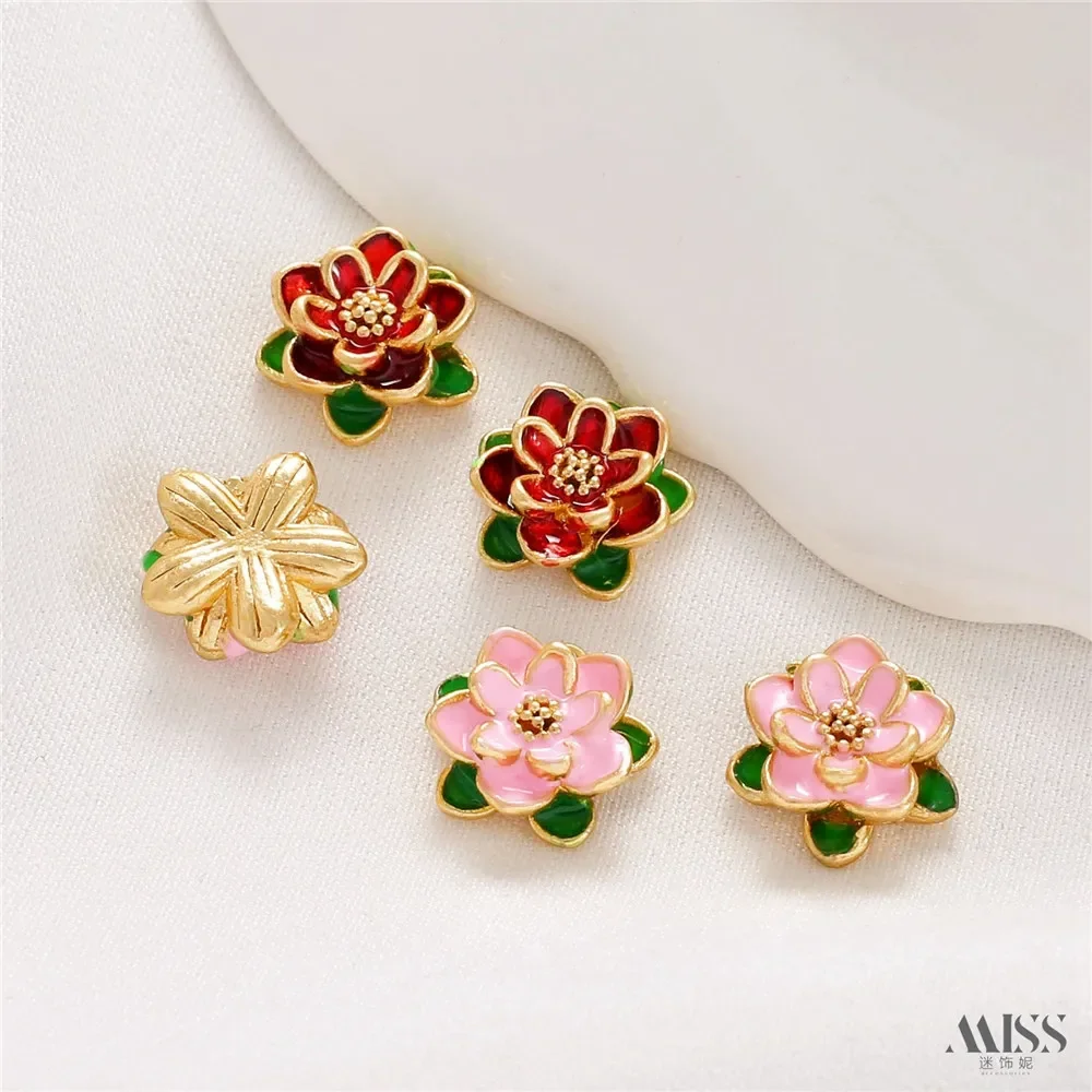 Bolsa de oro de 18 quilates, Color dorado mate, gota de aceite, loto tridimensional azul quemado, cuentas con orificio pasante, accesorios de joyería para pulsera Diy