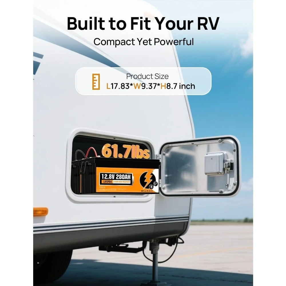 

12V 280Ah LiFePO4 RV Battery 3584Wh with Bluetooth Monitoring And Low Temp Cutoff Built-in 200A BMS Deep Cycle for Camper Custom