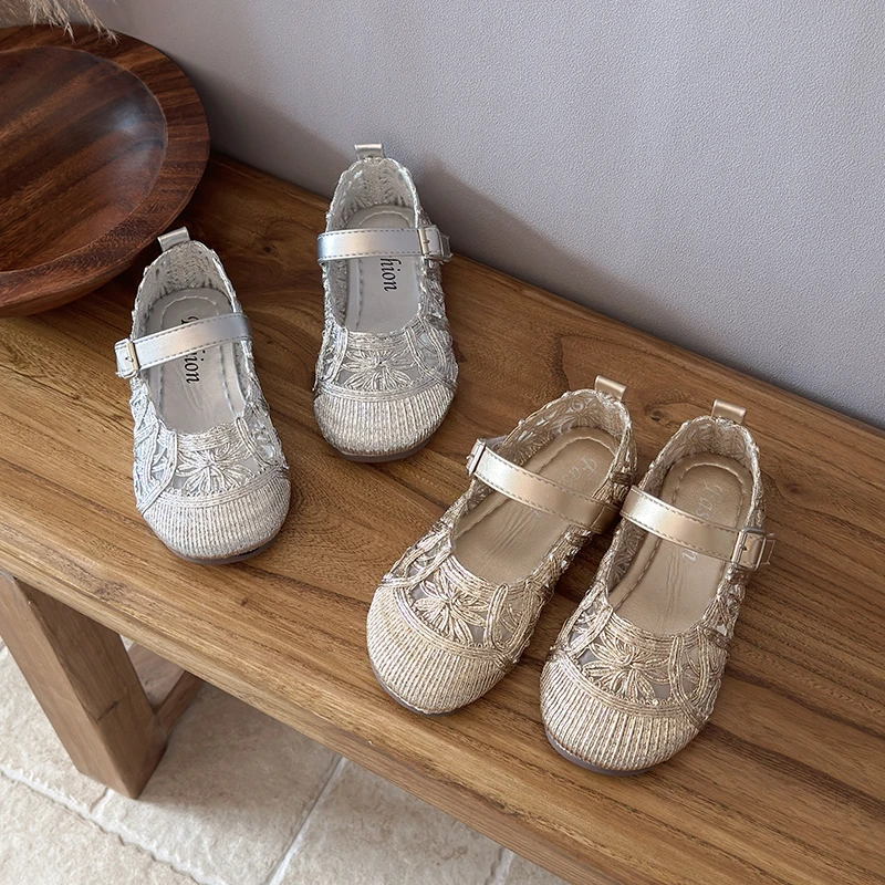 New Girls Hollow-out Flat Shoes Woven Gold Silver Kids Causal Shoes Non-slip Wedding Party Children's Princess Mary Jane Shoes