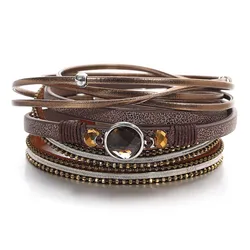 Amorcome Vintage Round Crystal Beads Leather Bracelets for Women Men Bohemian Long Chain Multilayer Wrap Bracelet Jewelry Gifts