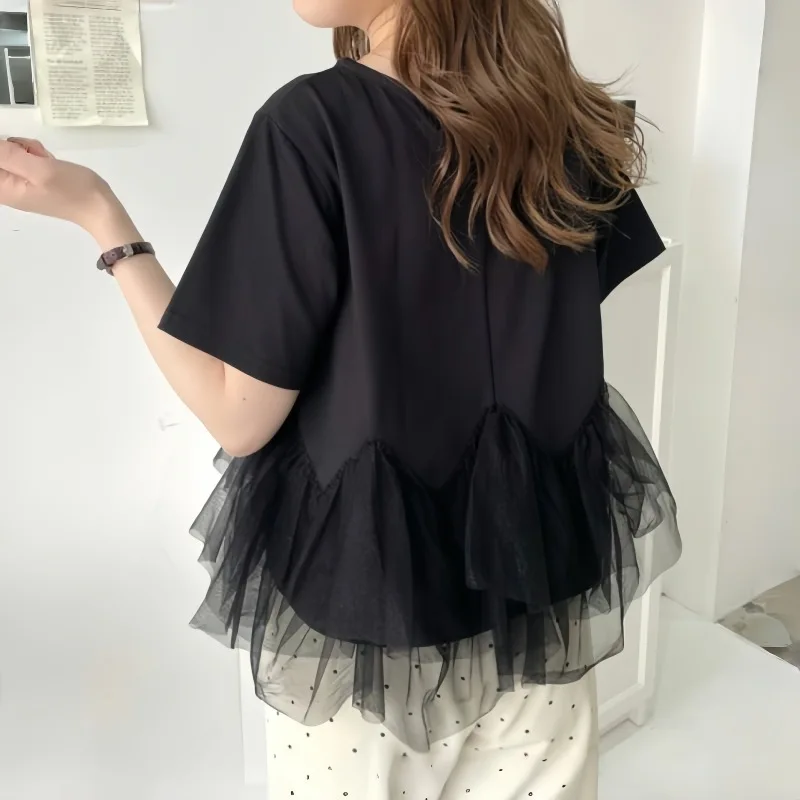 Nomikuma-ropa de verano japonesa para mujer, Blusa de gasa fina con dobladillo con volantes, jersey de manga corta, 2024